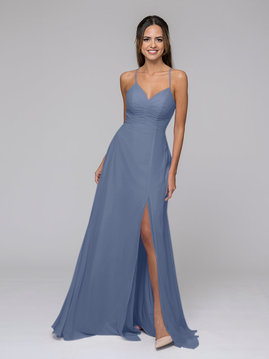 Split Sweetheart Chiffon Long Bridesmaid Dresses With Crisscross Back