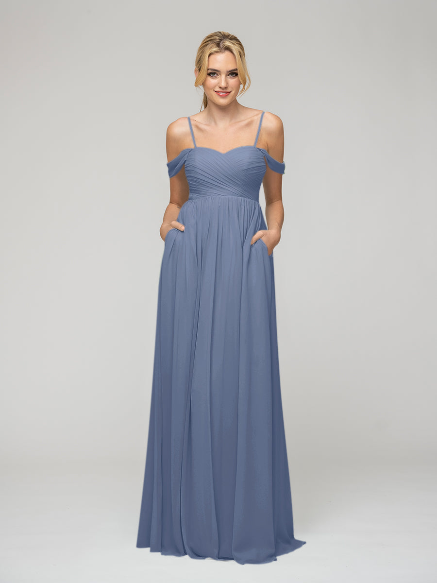 Cold Shoulder Chiffon Bridesmaid Dresses With Draped Bodice