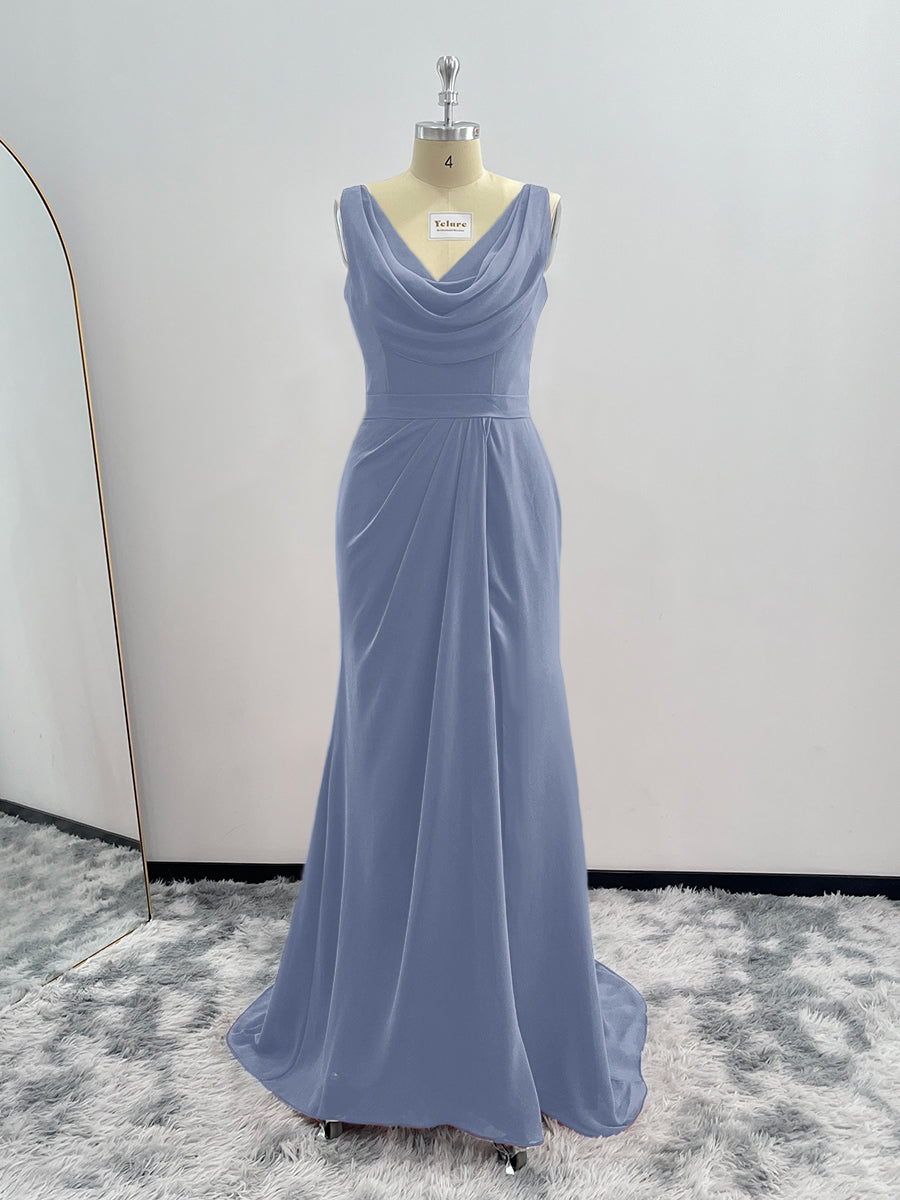 Sheath Cowl Neck Sleeveless Chiffon Bridesmaid Dresses With Slit and Ruffles