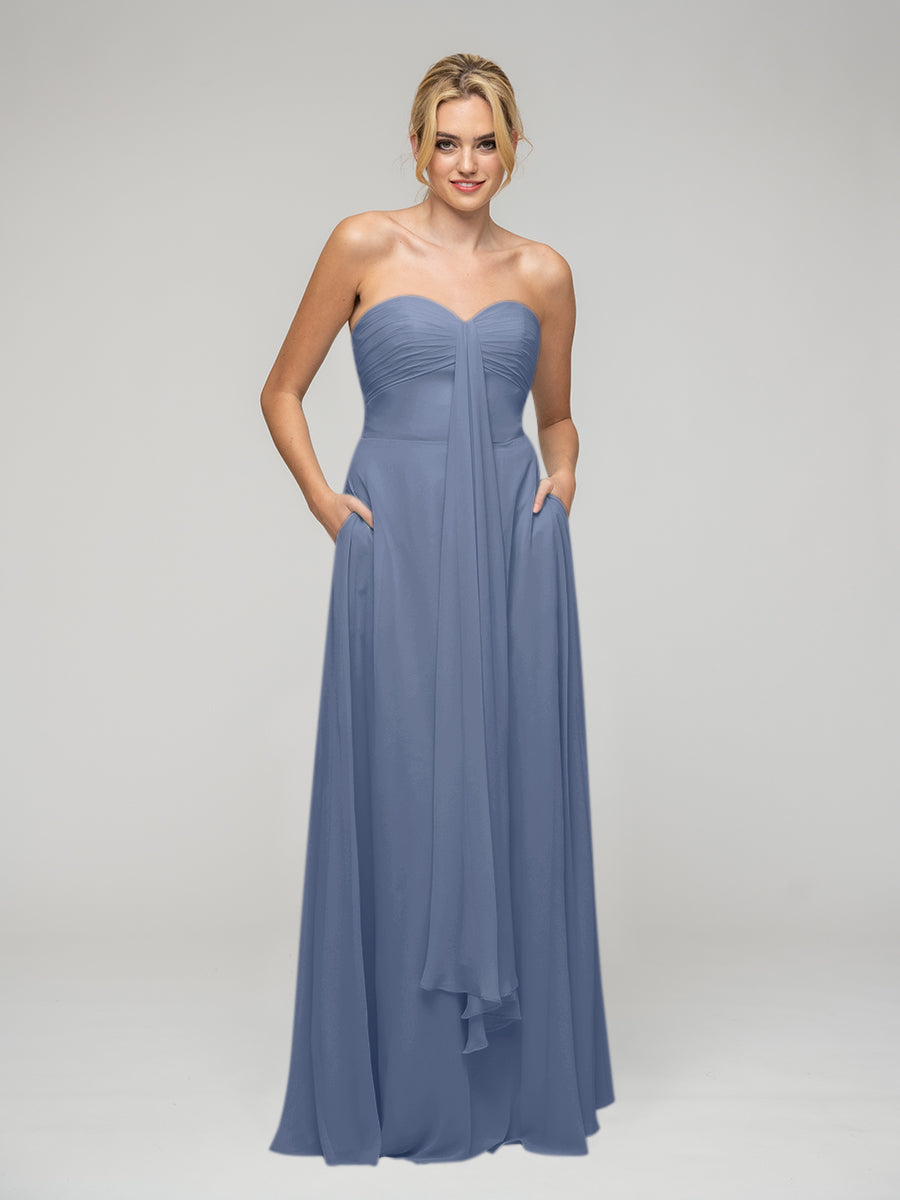 A Line Chiffon Strapless Bridesmaid Dresses With Ribbons