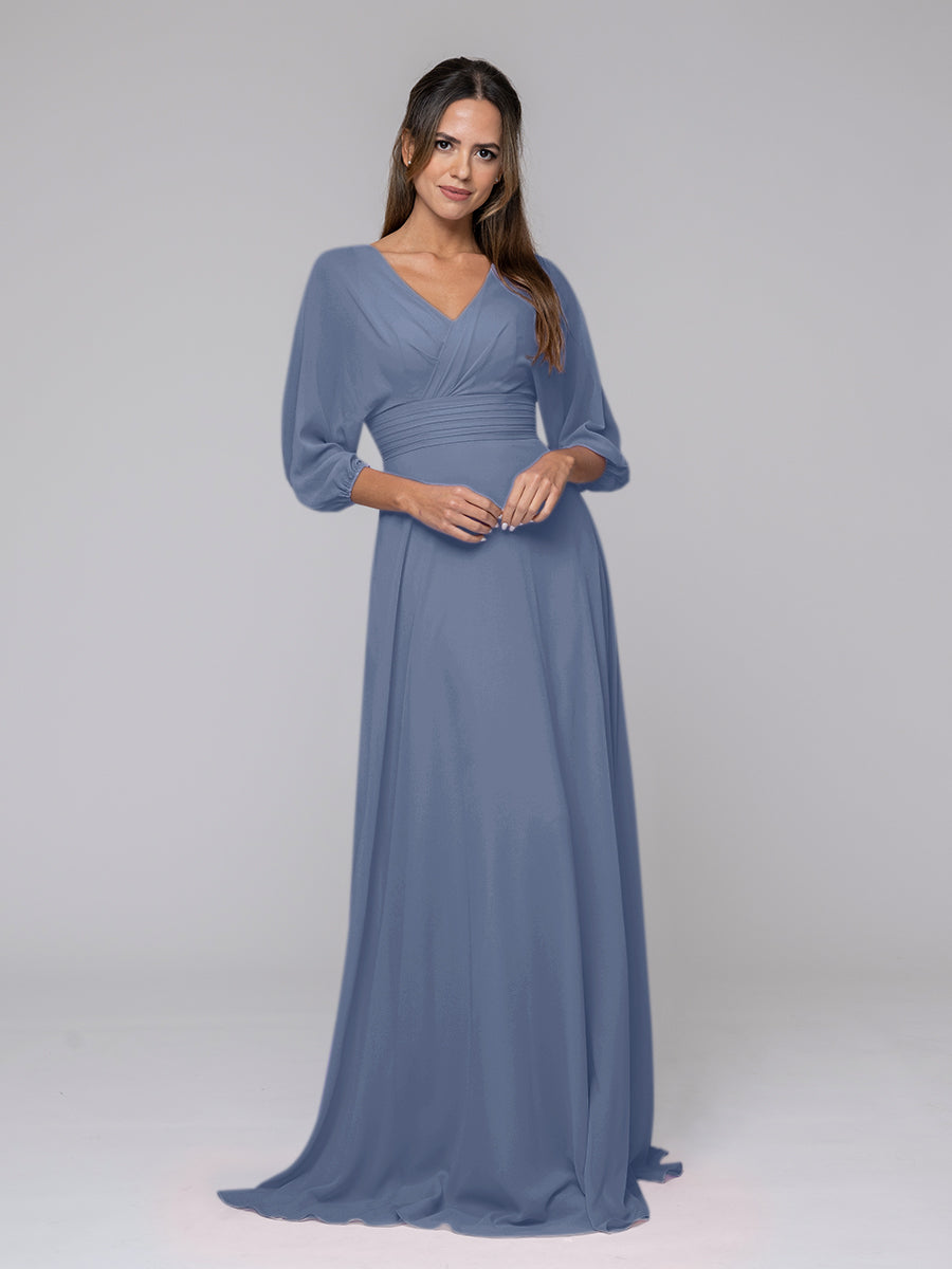 3/4 Lantern Sleeve V Neck Chiffon A Line Bridesmaid Dresses