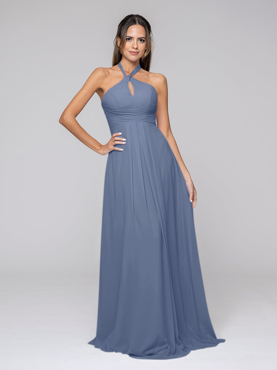 Tie-neck Halter Sleeveless Wedding Bridesmaid Dresses With Ruched Waist