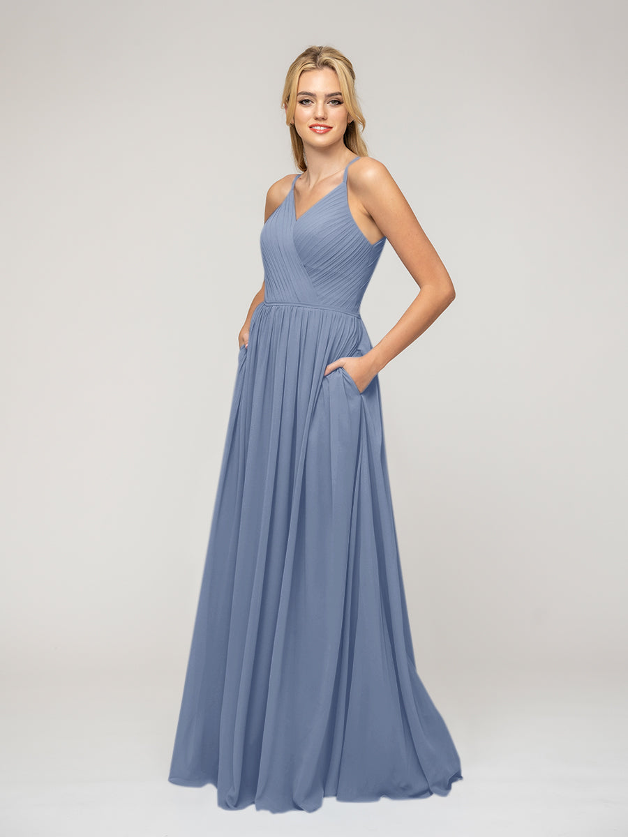 A Line Keyhole Back Chiffon Spaghetti Straps Bridesmaid Dresses