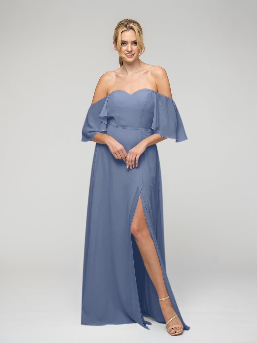 Sweetheart Chiffon Flutter Sleeve Bridesmaid Dresses With Split