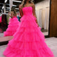 Strapless Layered Tulle Prom Dresses Hot Pink Ball Gown