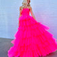 Strapless Layered Tulle Prom Dresses Hot Pink Ball Gown