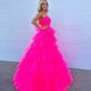 Strapless Layered Tulle Prom Dresses Hot Pink Ball Gown
