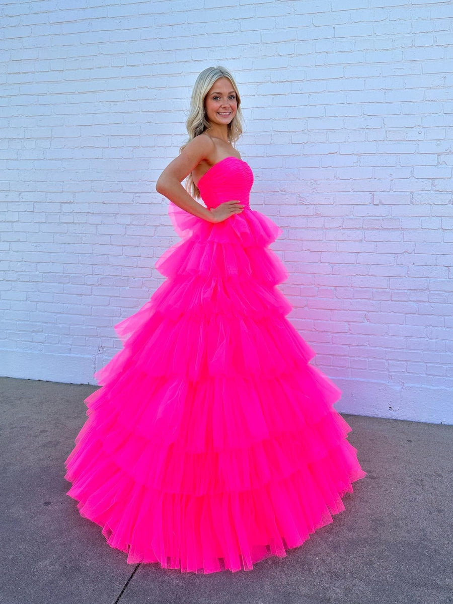 Strapless Layered Tulle Prom Dresses Hot Pink Ball Gown uk 2023 Yelure UK