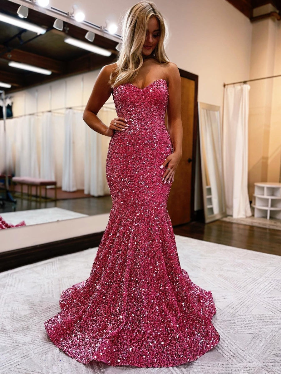 Strapless Sweetheart Velvet Sequin Mermaid Prom Dresses