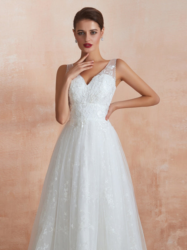 Straps V Neck Applique A Line Wedding Dresses
