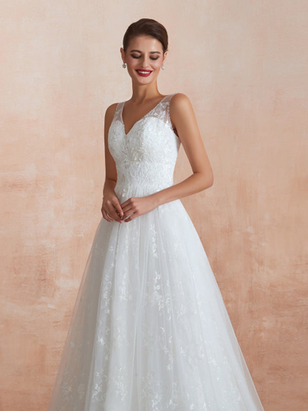 Straps V Neck Applique A Line Wedding Dresses