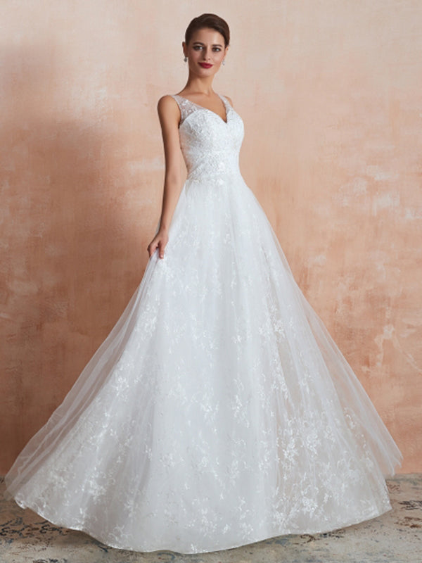 Straps V Neck Applique A Line Wedding Dresses