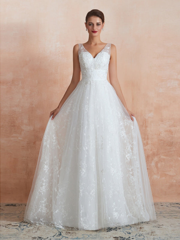 Straps V Neck Applique A Line Wedding Dresses