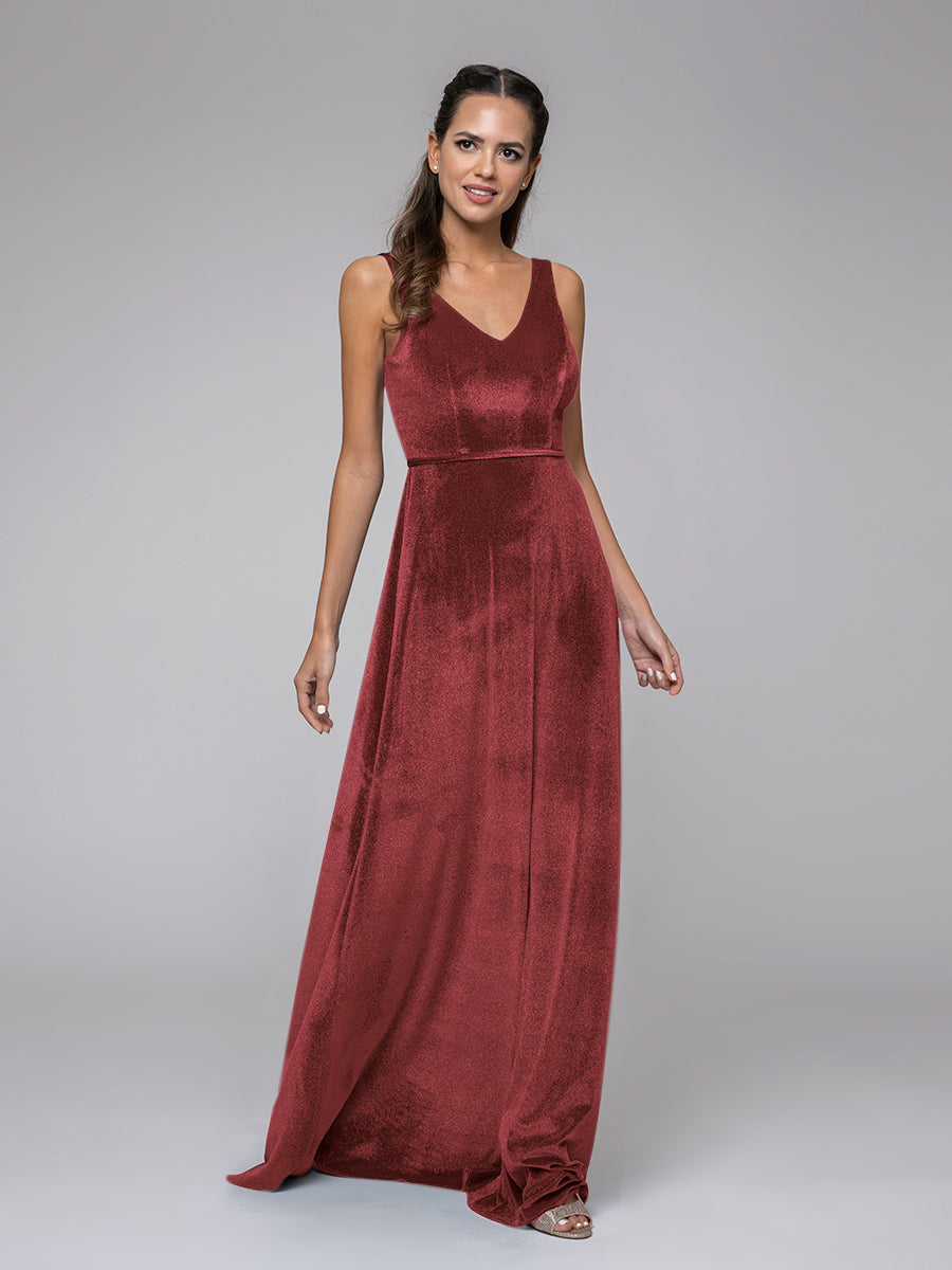 Velvet V Neck Straps A Line Long Bridesmaid Dresses