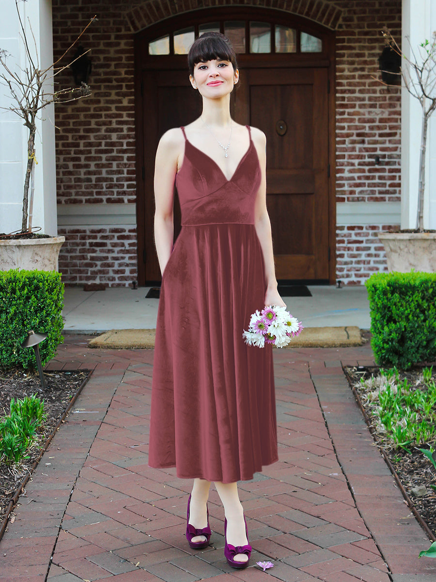 Glamorous A Line Tea Length Velvet Bridesmaid Dresses