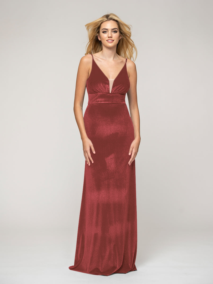 Long Velvet Sheath Bridesmaid Dresses With V Back