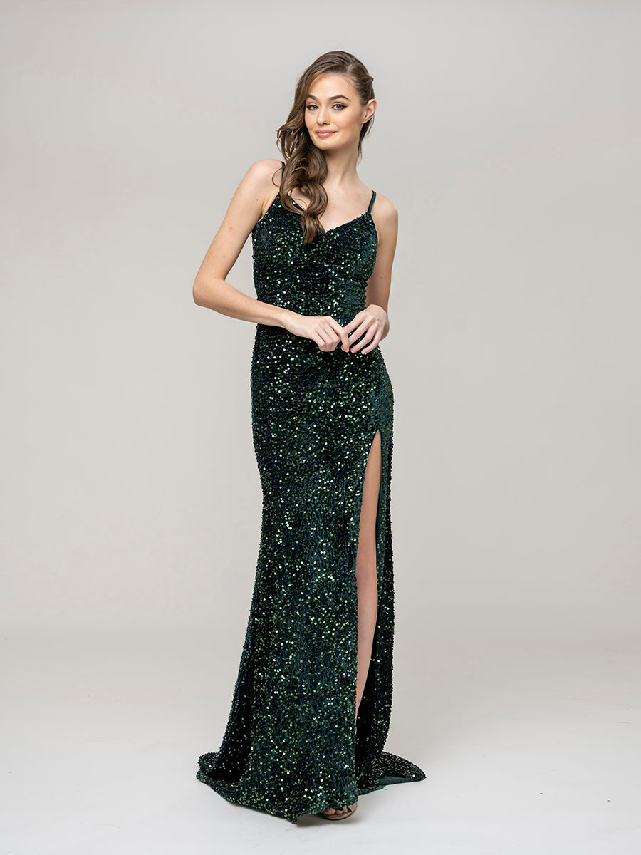 V Neck Sequin Fitted Prom Dress With Sweep Train