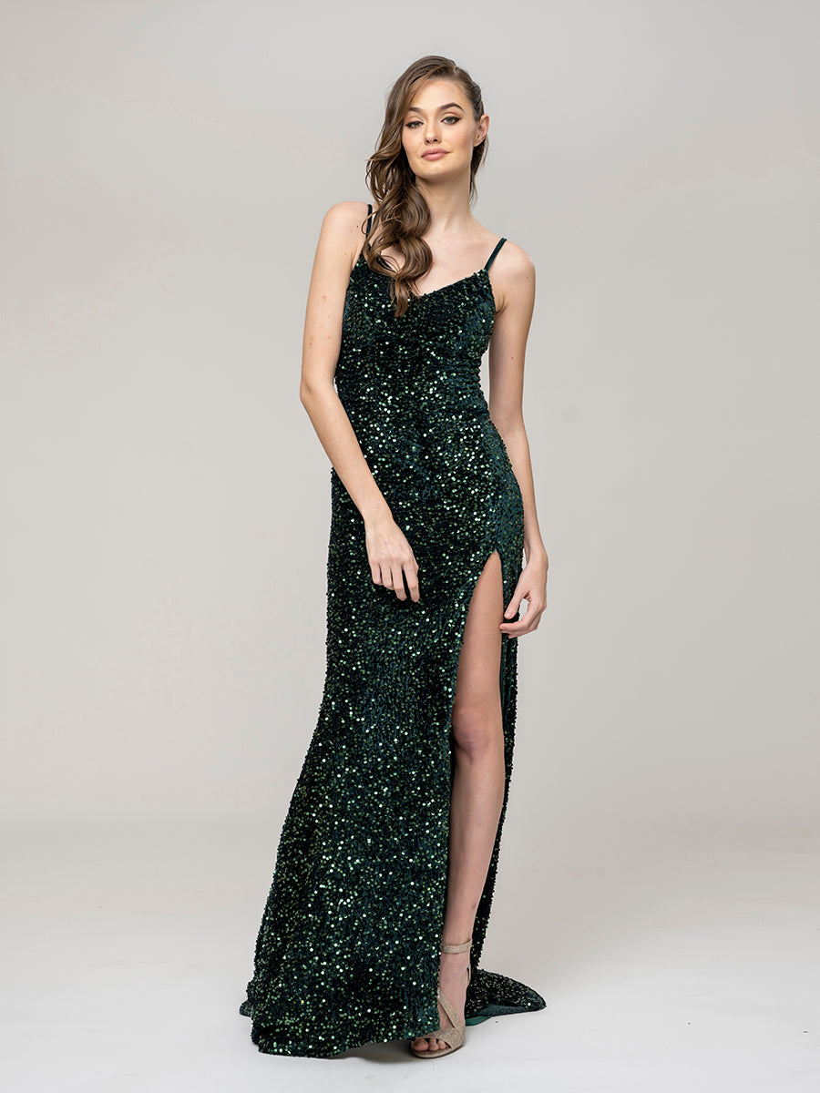 V Neck Sequin Fitted Prom Dress With Sweep Train