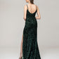 V Neck Sequin Fitted Prom Dress With Sweep Train