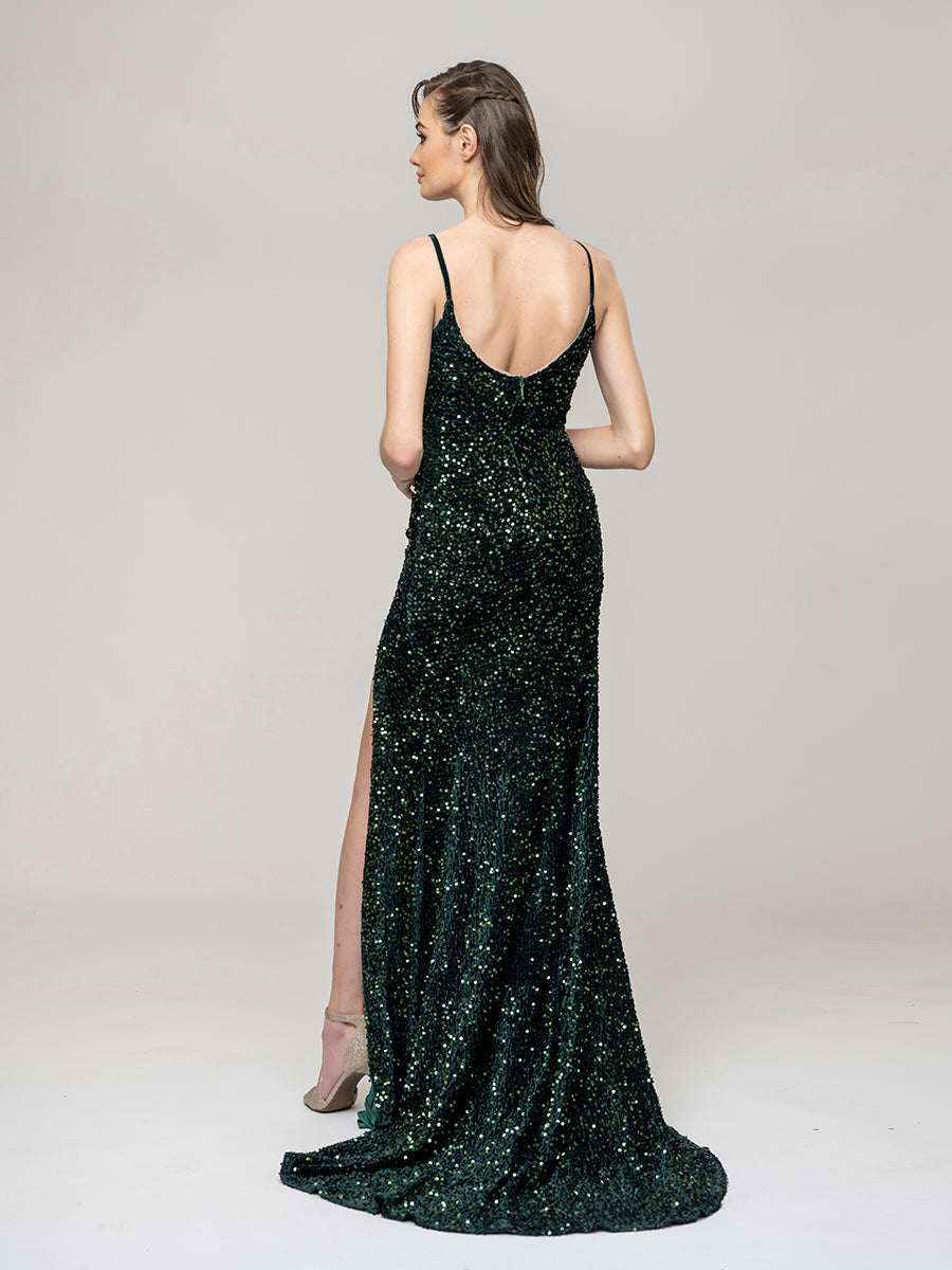 V Neck Sequin Fitted Prom Dress With Sweep Train