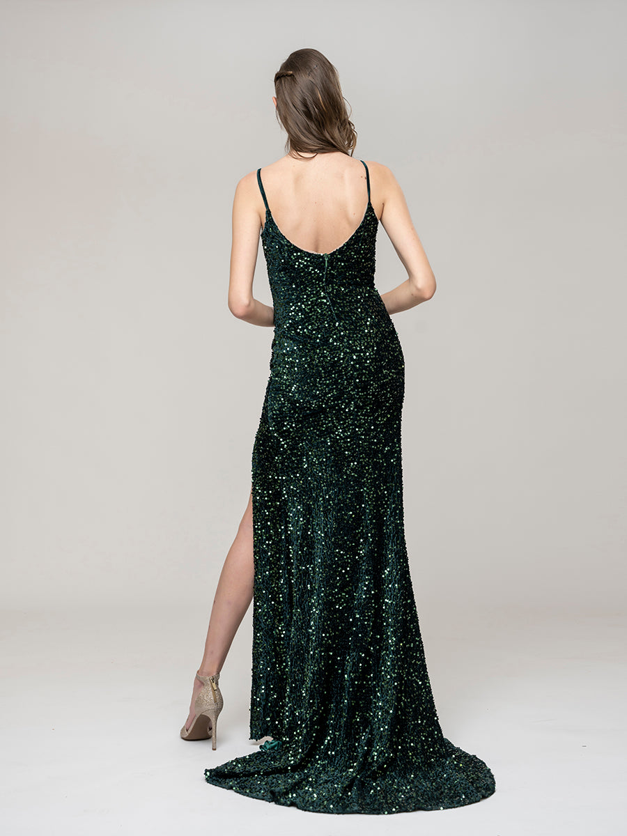 V Neck Sequin Fitted Prom Dress With Sweep Train