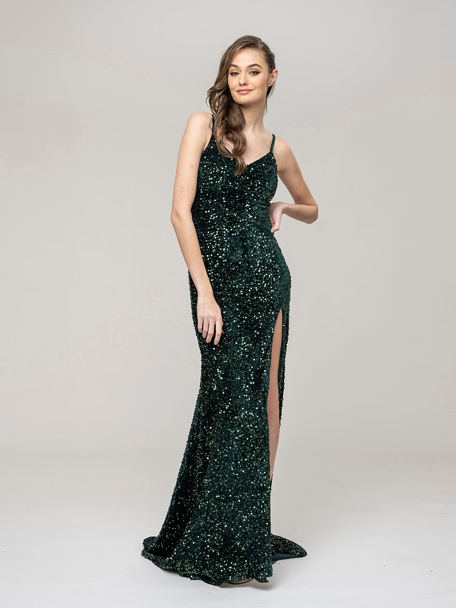V Neck Sequin Fitted Prom Dress With Sweep Train
