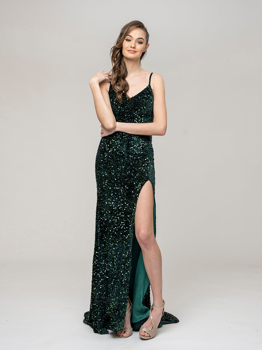 V Neck Sequin Fitted Prom Dress With Sweep Train