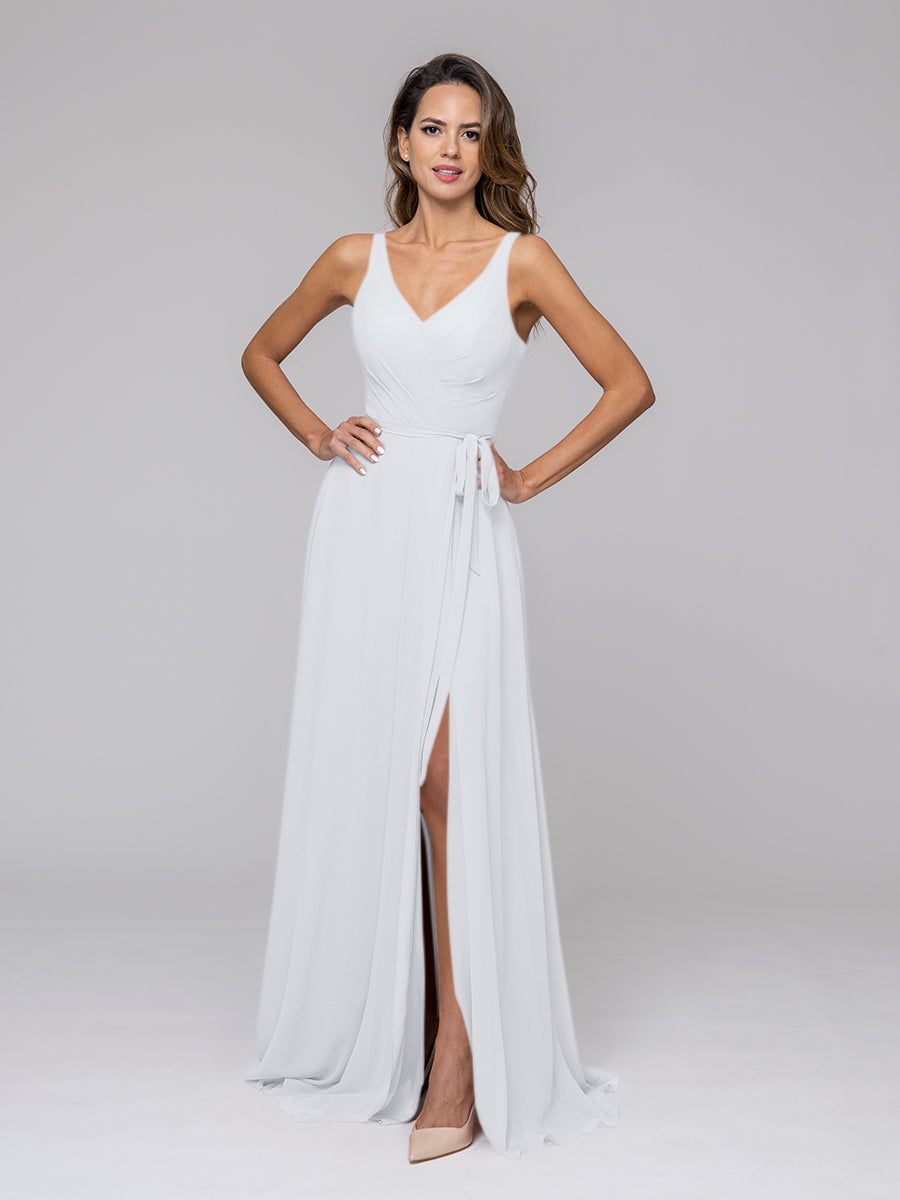 Straps Long Chiffon Bridesmaid Dresses With Side Slit