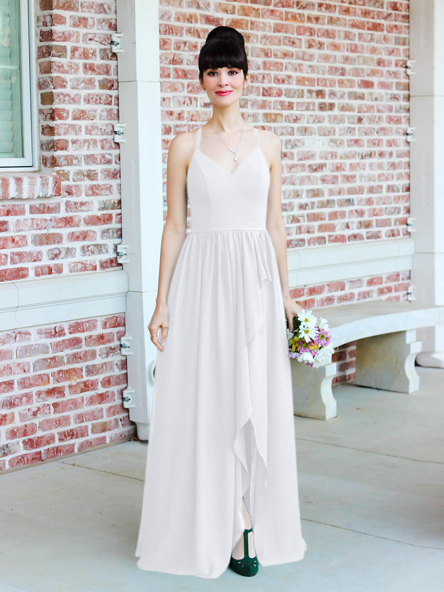 Chiffon Tie Back Bridesmaid Dresses With Ruffles Slit