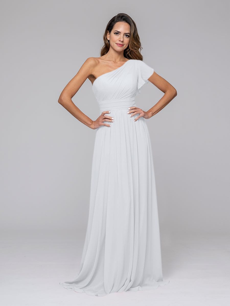 A Line One Shoulder Chiffon Flutter Sleeve Bridesmaid Dresses