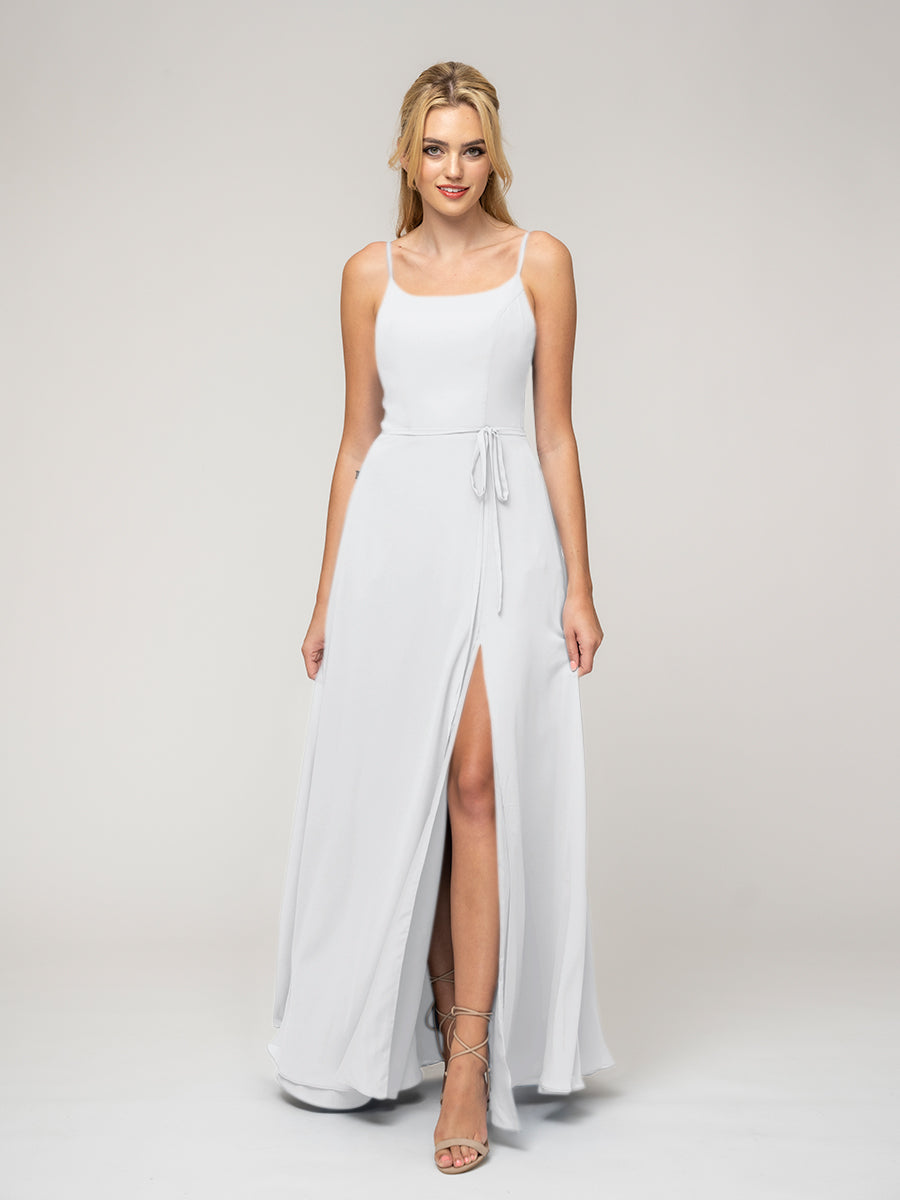 A Line Scoop Neckline Chiffon Slit Belt Bridesmaid Dresses