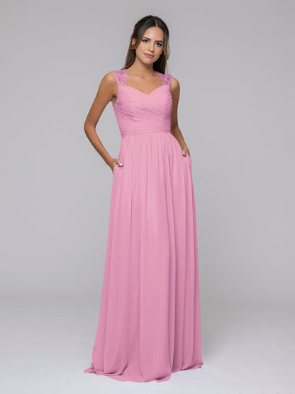 Chiffon Sweetheart Strap Long Bridesmaid Dresses With Pleated Bodice