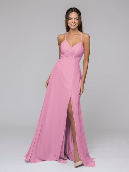 Split Sweetheart Chiffon Long Bridesmaid Dresses With Crisscross Back