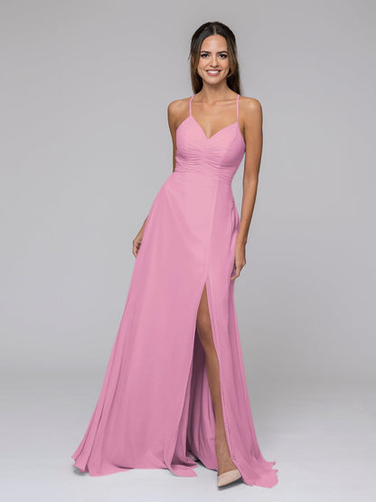 Split Sweetheart Chiffon Long Bridesmaid Dresses With Crisscross Back