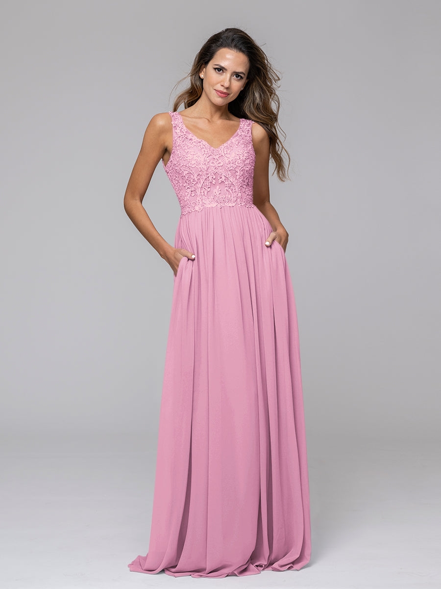 Applique V Neck Keyhole Back A Line Bridesmaid Dresses