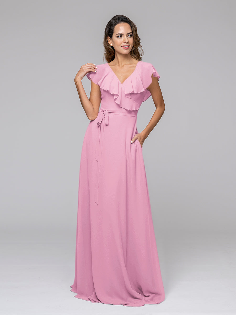 Ruffle Sleeve V Neck Belt Bridesmaid Dresses For Wedding