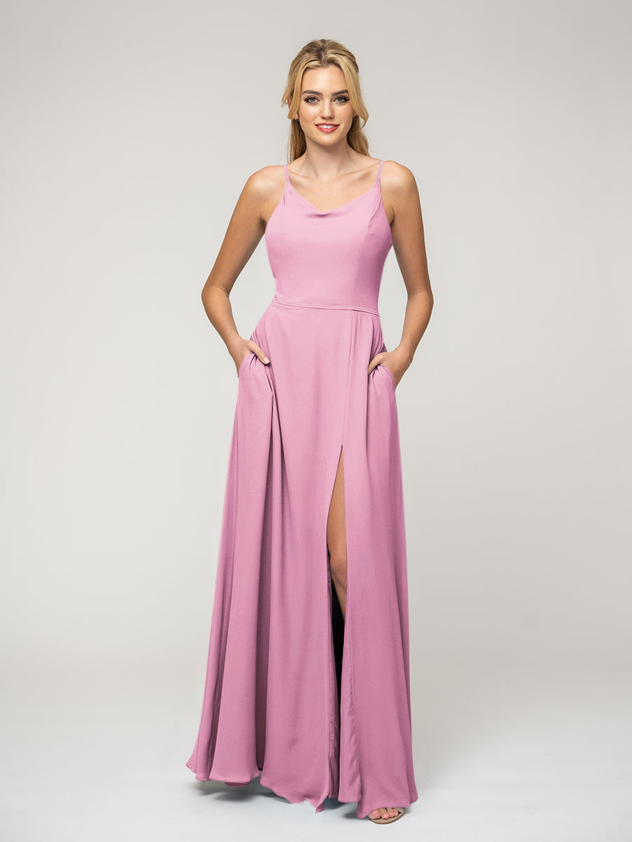 A Line Cowl Neckline Chiffon Spaghetti Straps Bridesmaid Dresses