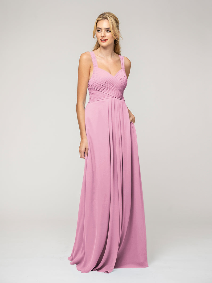 A Line Sweetheart Neckline Chiffon Straps Bridesmaid Dresses With Ribbon