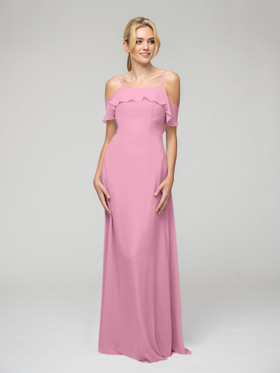 Cold Shoulder Ruffles Chiffon Bridesmaid Dresses With Open Back