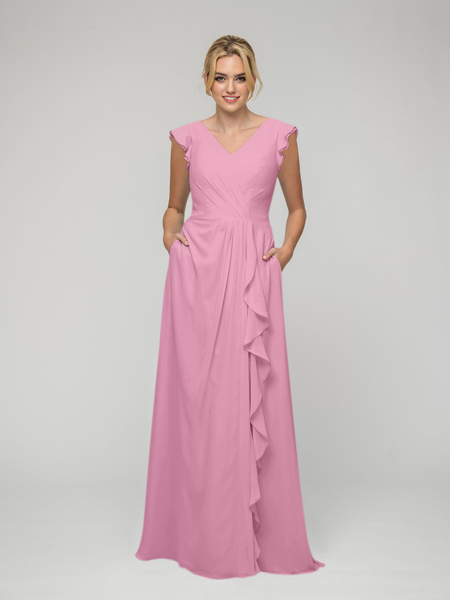 V Neck Chiffon Cap Sleeves Long Bridesmaid Dresses