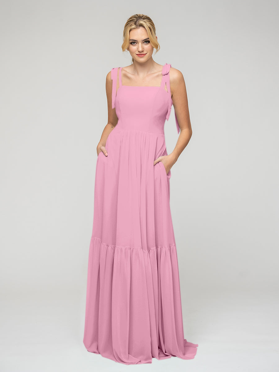 Tied Strap Tiered Smock Open Back Chiffon Bridesmaid Dresses