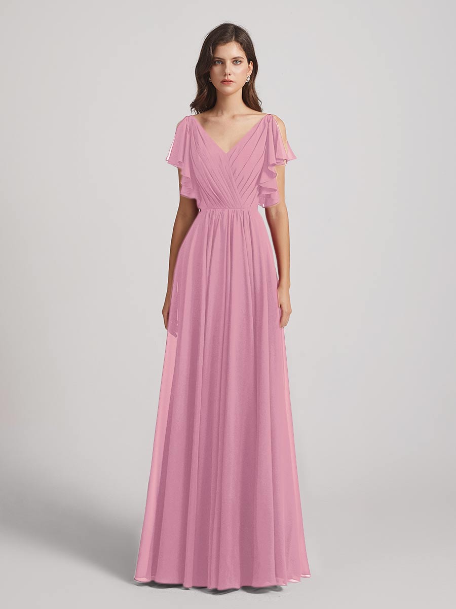 Open Flutter Sleeve Pleated Bodice A Line Bridesmaid Dresses