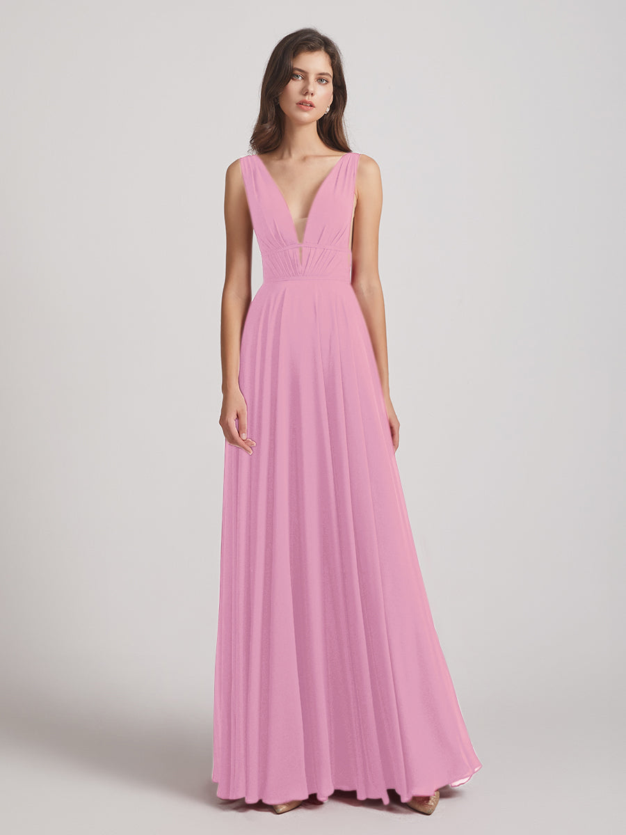 Plunging V Neck Chiffon Bridesmaid Dresses With Low Back