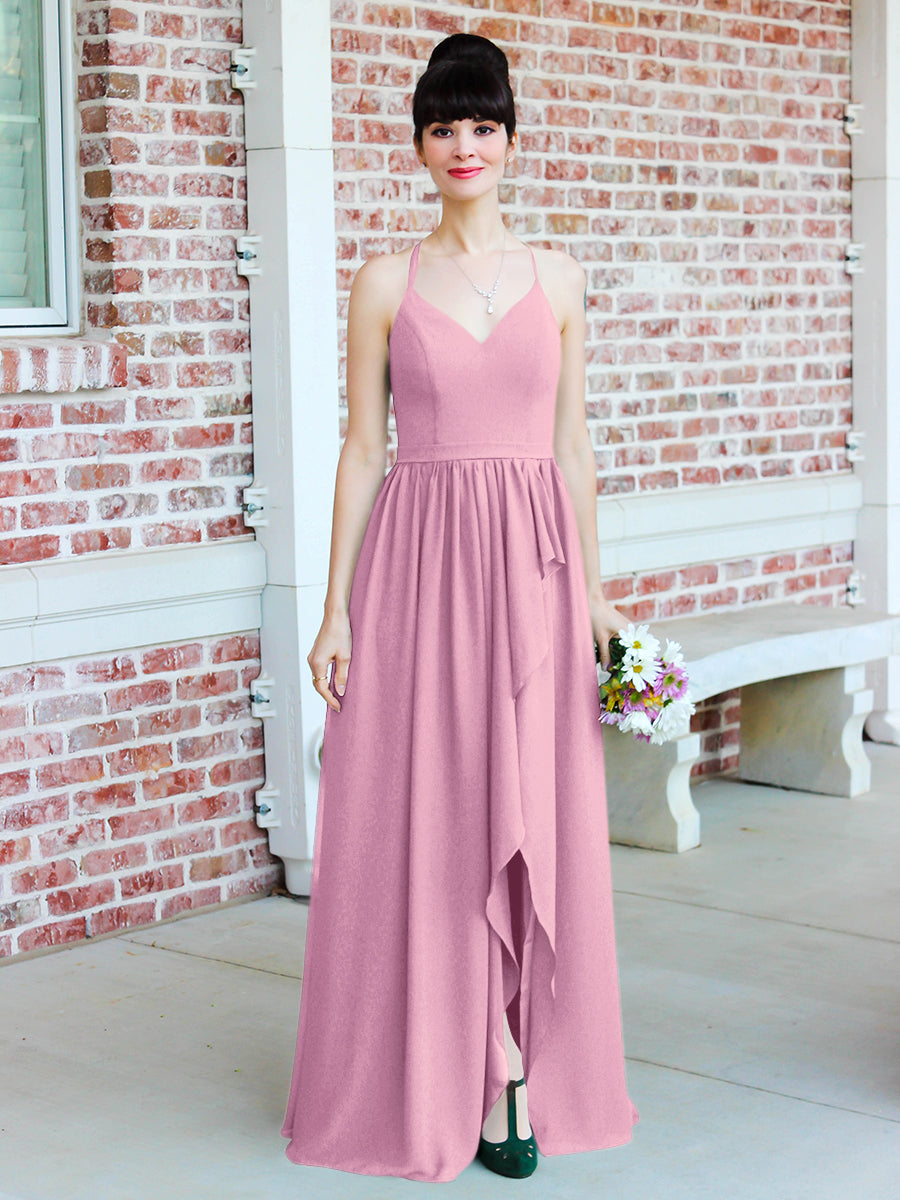 Chiffon Tie Back Bridesmaid Dresses With Ruffles Slit