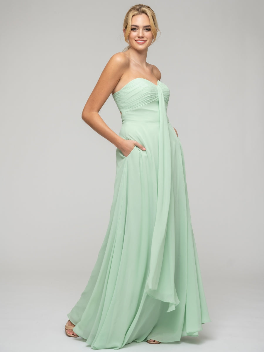 A Line Chiffon Strapless Bridesmaid Dresses With Ribbons