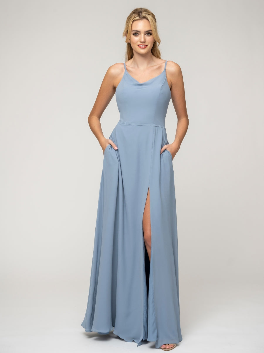 A Line Cowl Neckline Chiffon Spaghetti Straps Bridesmaid Dresses