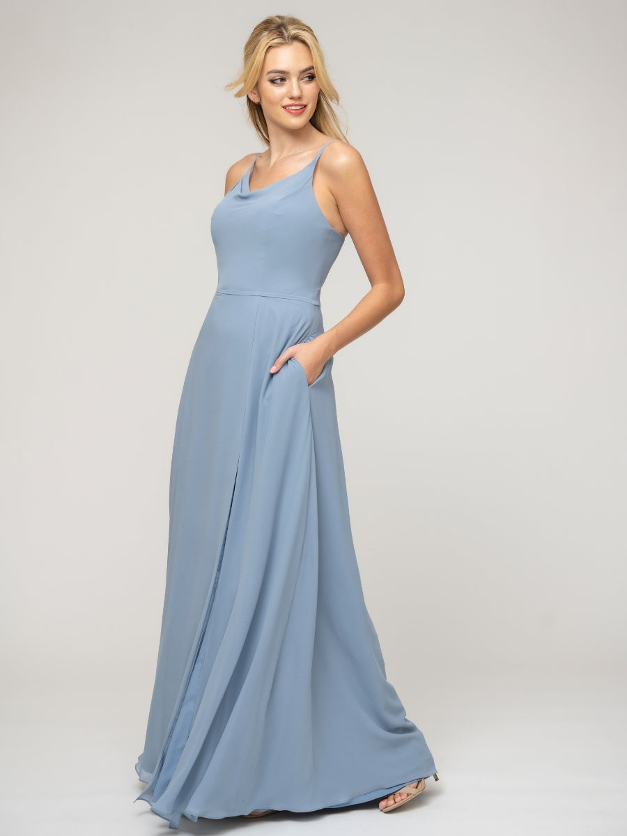 A Line Cowl Neckline Chiffon Spaghetti Straps Bridesmaid Dresses