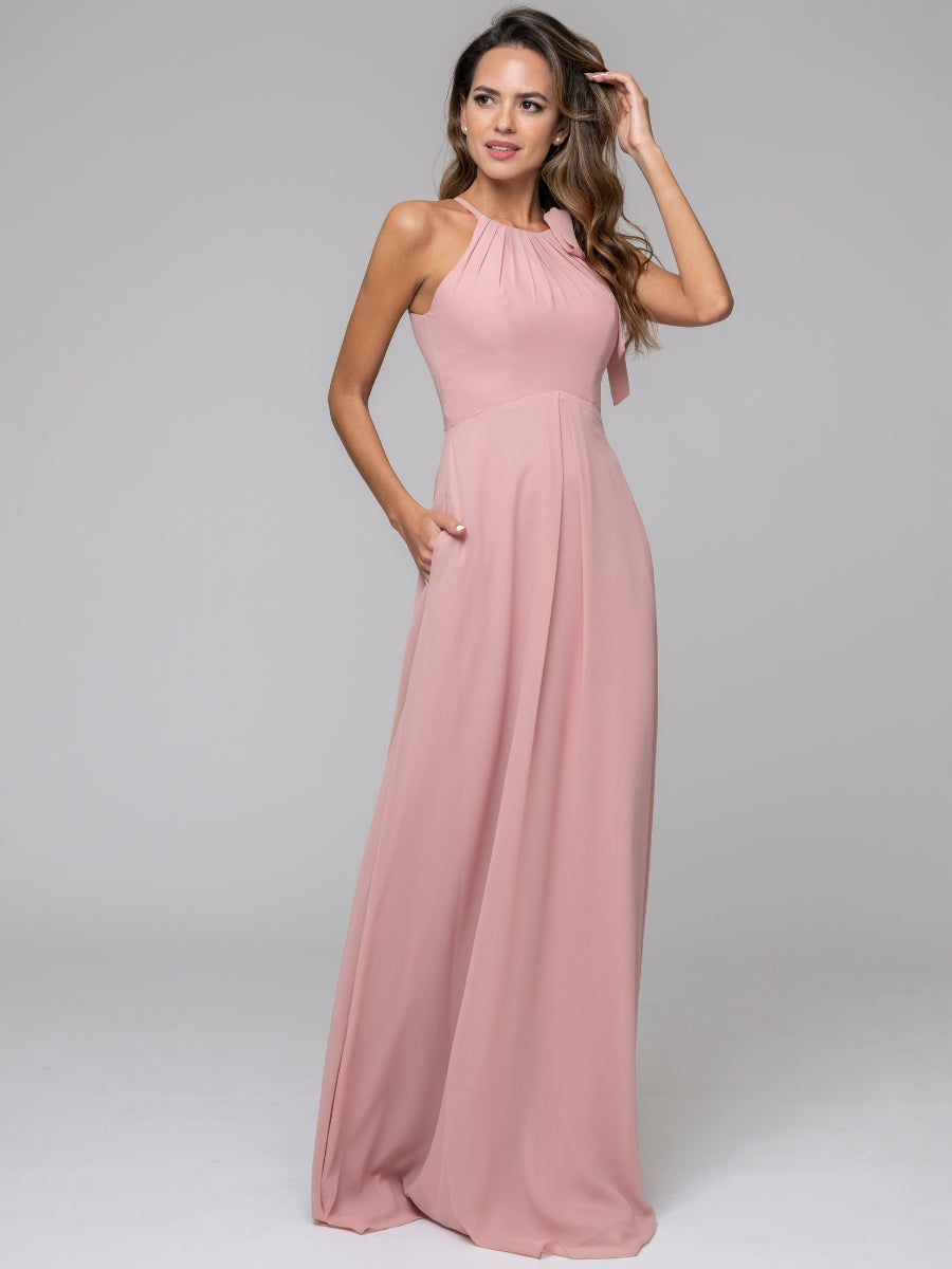 A Line Halter Keyhole Back Chiffon Sleeveless Bridesmaid Dresses