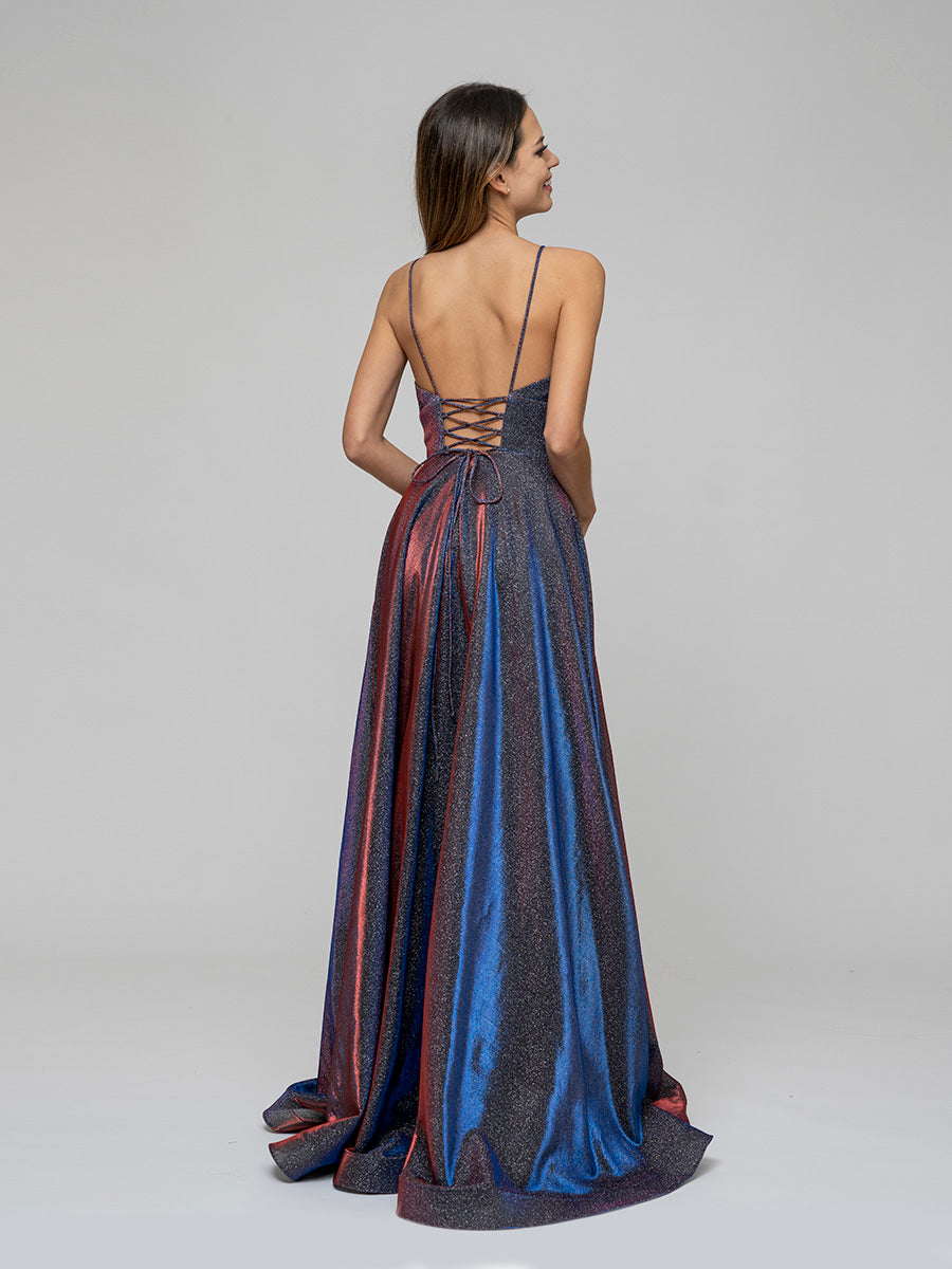 A Line Lace Up back Metallic Glitter Prom Dresses