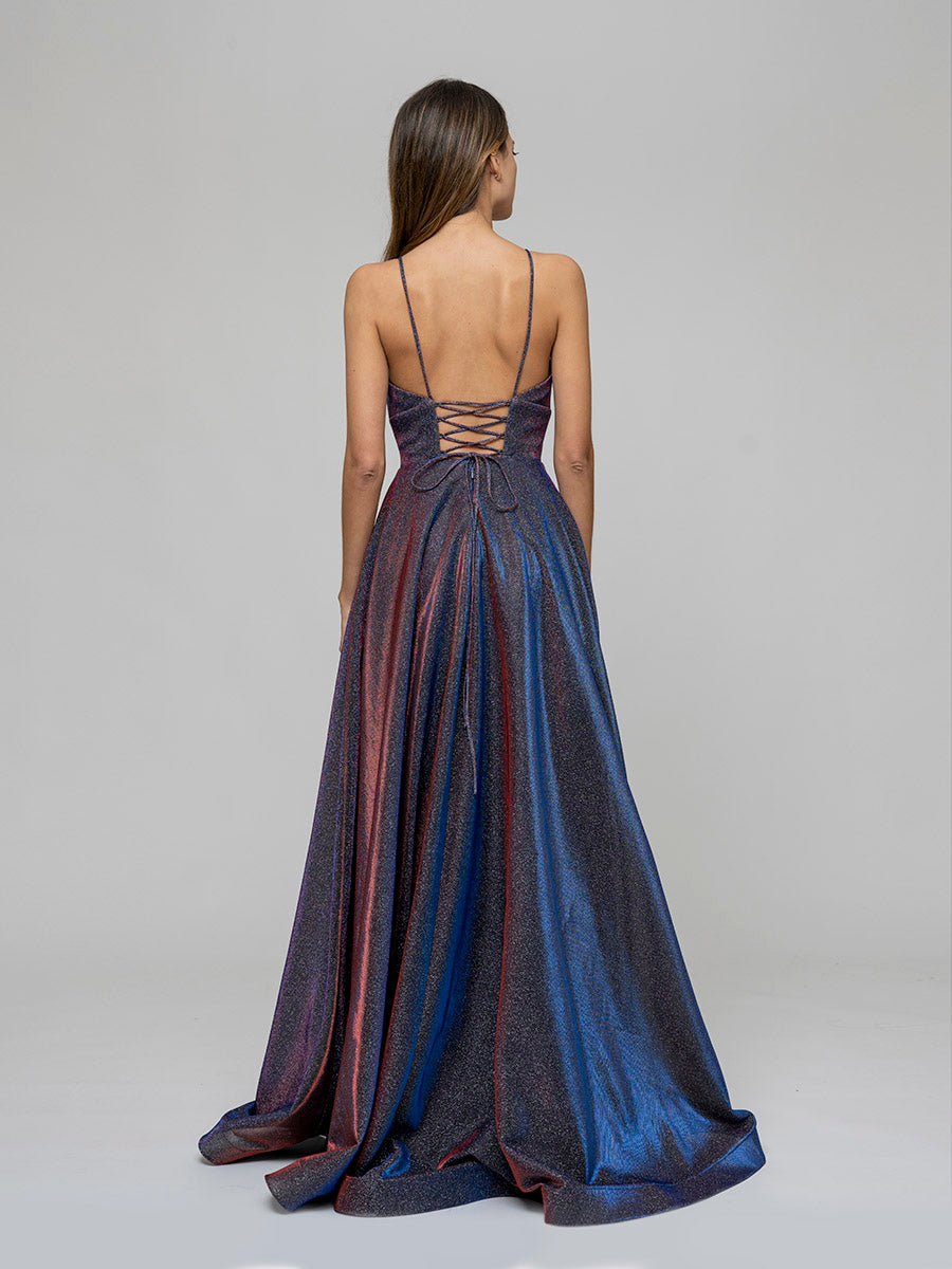 A Line Lace Up back Metallic Glitter Prom Dresses